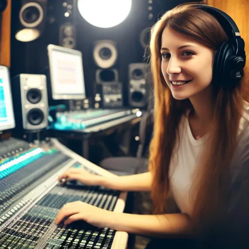 Prompt: FEMALE SOUND ENGINEER IN A, MUSIC STUDIO WORKING ON ACOUSTIC MUSIC INSTRUMENTAL