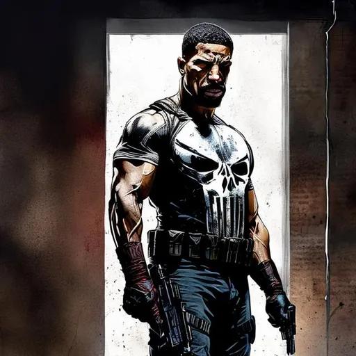 Prompt: MICHAEL.B. JORDAN AS THE PUNISHER IN COLOR