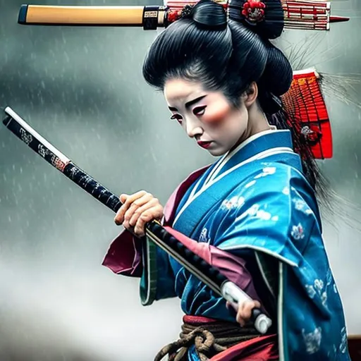 Prompt: Female geisha SAMURAI wearing a blue kimono Fighting in the rain with a katana sword 