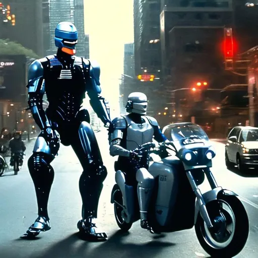 Prompt: ROBOCOP RIDING HIS  MOTORCYCLE IN THE CITY