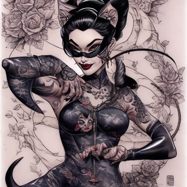 Prompt: TATTOOED CATWOMAN GEISHA 