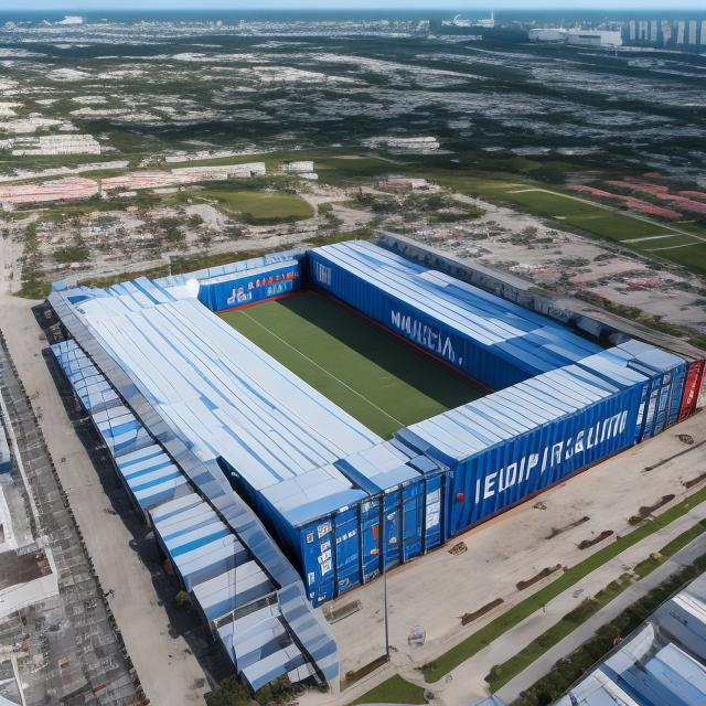 Prompt: LARGE SHIPPING CONTAINER SOCCER STADIUM IN MIAMI