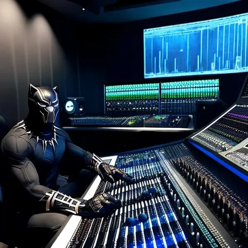 Prompt: BLACK PANTHER SUPERHERO AS A SOUND ENGINEER IN A MUSIC STUDIO WORKING ON THE SOUNDTRACK TO THE MOVIE BLACK PANTHER