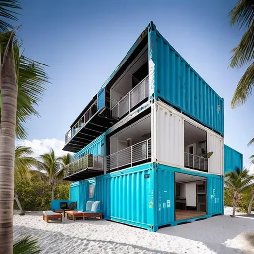 Prompt: FOUR STOREY SHIPPING CONTAINER BEACHPAD HOME IN MIAMI