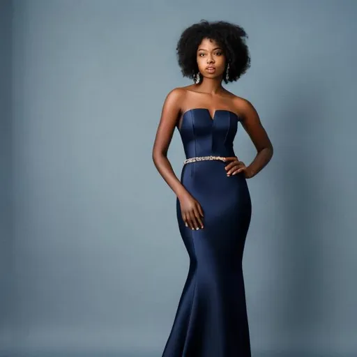 Prompt: BLACK WOMAN IN A NAVY-BLUE EVENING DRESS IN COLOR