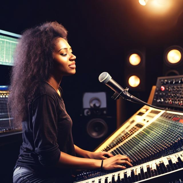 Prompt: BLACK FEMALE SOUND ENGINEER IN A, MUSIC STUDIO WORKING ON ACOUSTIC MUSIC ALBUM