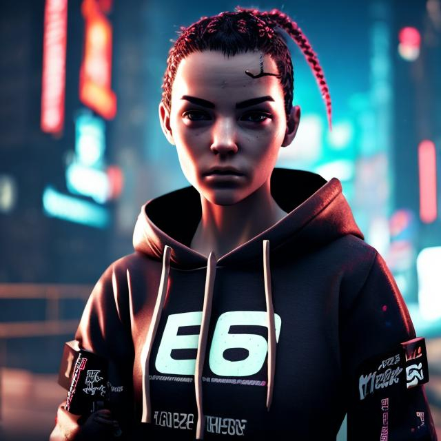 Prompt: CYBERPUNK FEMALE BOXER IN A HOODIE