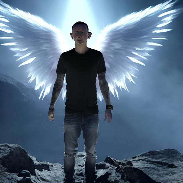 Prompt: CHESTER BENNINGTON AS AN ANGEL WITH WINGS STANDING IN FRONT OF A MOUNTAIN 