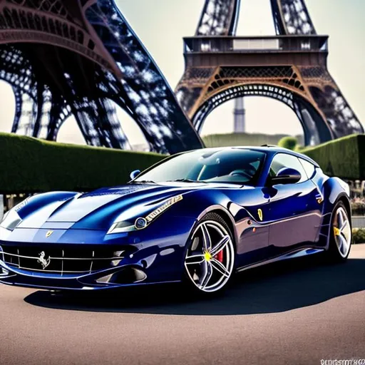 Prompt: NAVY BLUE FERRARI FF PARKED IN FRONT OF THE EIFFEL TOWER IN PARIS FRANCE, IN COLOR