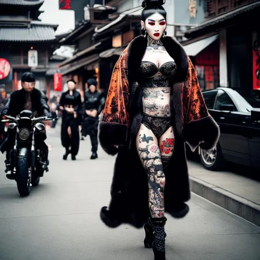 Prompt: TATTOOED FEMALE GEISHA FULLY CLOTHED UNDERWORLD YAKUZA BOSS IN A FUR COAT AND LEATHER BIKER GIRL ATTIRE