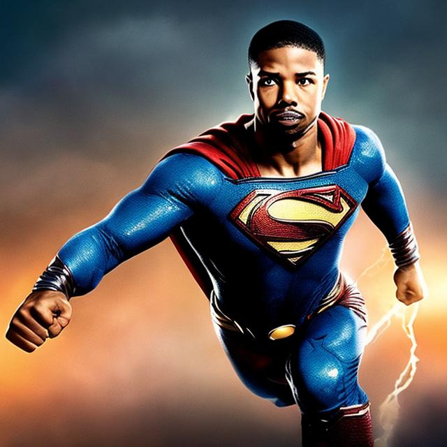 Prompt: MICHAEL.B. JORDAN AS SUPERMAN IN COLOR