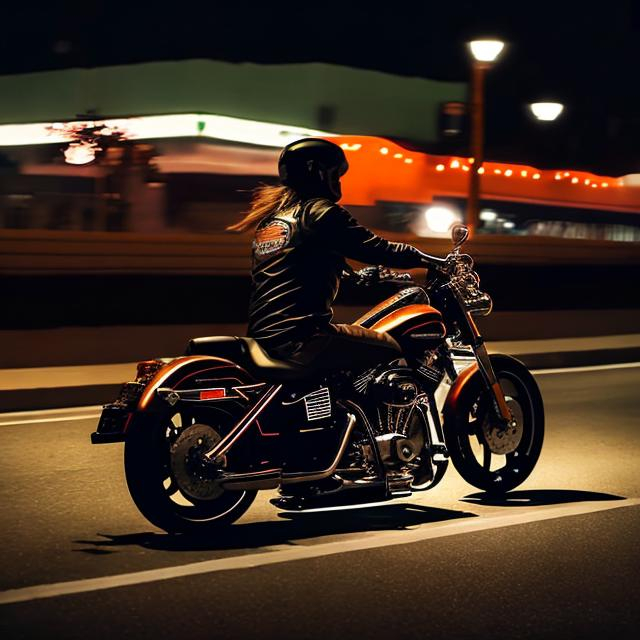 Prompt: BIKER RIDING A HARLEY DAVIDSON MOTORBIKE IN THE NIGHT