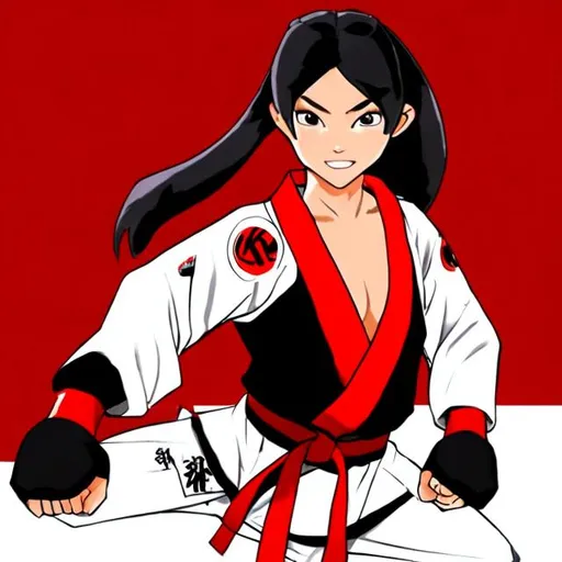 Prompt: FEMALE KARATE GIRL, IN A BLACK AND RED KARATE ATTIRE.