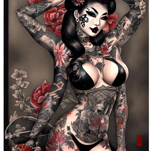 Prompt: TATTOOED GEISHA DOMINATRIX