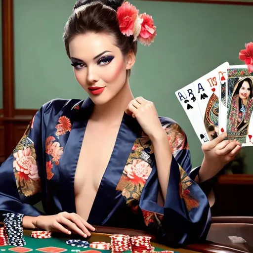Prompt: BEAUTIFUL SHOWGIRL WEARING A NAVY-BLUE FLORAL DESIGN KIMONO PLAYING POKER