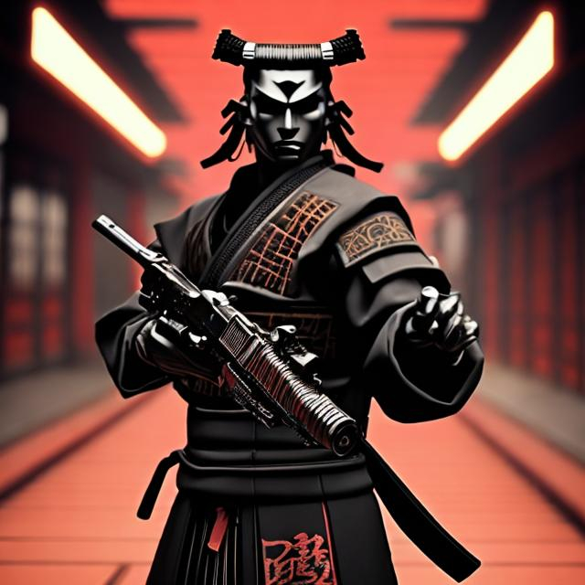 Prompt: NEO NOIR GANGASTER SAMURAI HOLDING A 9MM PISTOL..