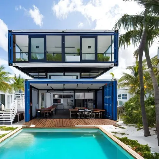 Prompt: FOUR STOREY SHIPPING CONTAINER BEACHPAD HOME IN MIAMI