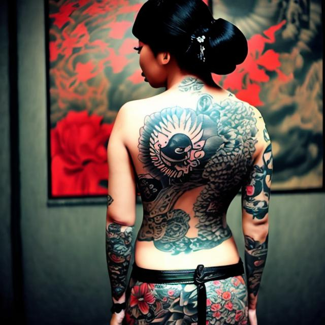 Prompt: TATTOOED FEMALE GEISHA FULLY CLOTHED UNDERWORLD YAKUZA BOSS