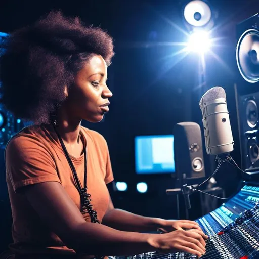 Prompt: BLACK FEMALE SOUND ENGINEER IN A, MUSIC STUDIO WORKING ON ACOUSTIC MUSIC ALBUM