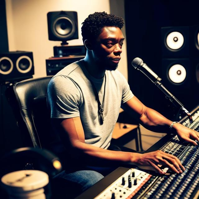 Prompt: CHADWICK BOSEMAN AS A SOUND ENGINEER IN A, MUSIC STUDIO WORKING ON ACOUSTIC SOUL MUSIC ALBUM