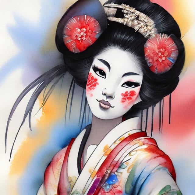 Prompt:  GEISHA IN A WATERCOLOR BACKGROUND