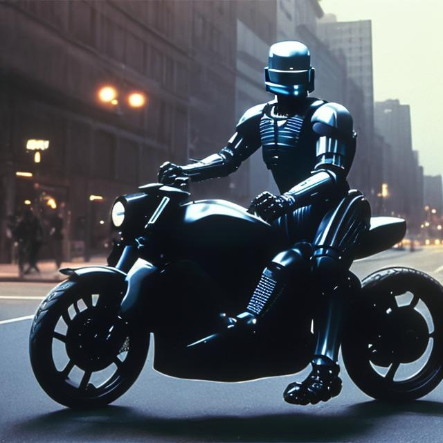Prompt: ROBOCOP RIDING HIS BLACKED-OUT MOTORCYCLE IN THE CITY
