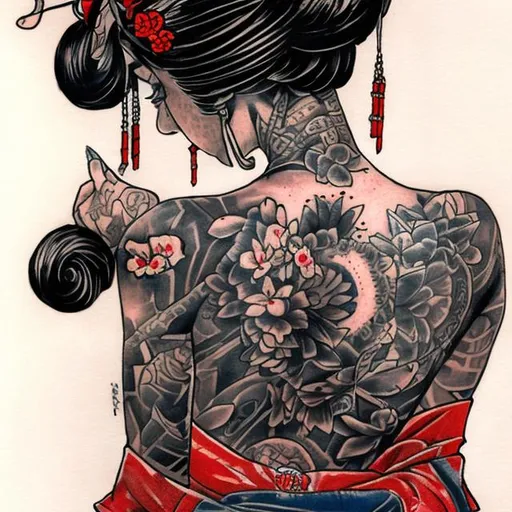 Prompt: TATTOOED GEISHA IN A NIGTCLUB