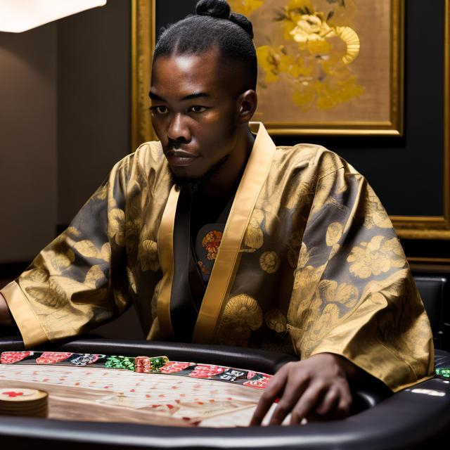 Prompt: YASUKE WEARING A GOLD FLORAL DESIGN KIMONO PLAYING POKER