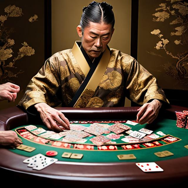 Prompt: SAMURAI WEARING A GOLD FLORAL DESIGN KIMONO PLAYING POKER