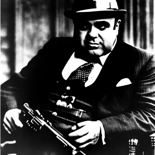 Prompt: AL CAPONE HOLDING A TOMMY GUN 
