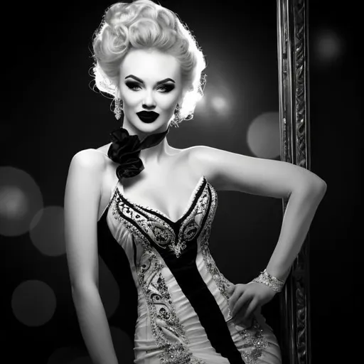 Prompt: BEAUTIFUL SHOWGIRL WEARING A WHITE AND BLACK EVENING DRESS