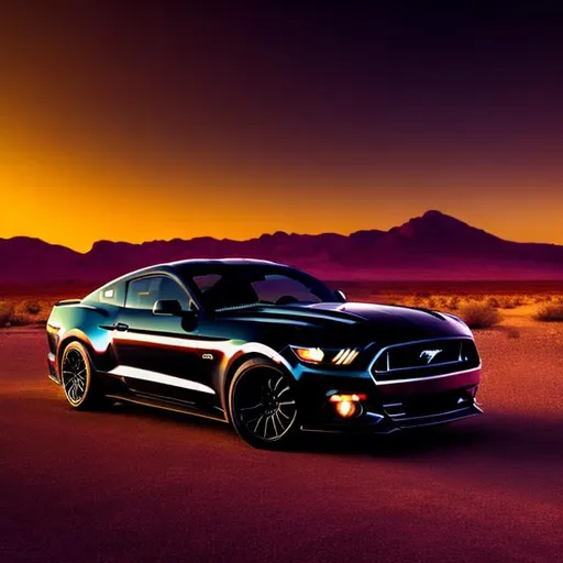 Prompt: BLACK FORD MUSTANG IN A COLORFUL DESERT IN THE NIGHT