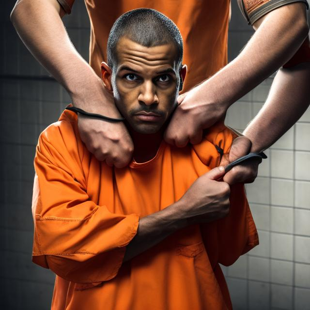 Prompt: MAN IN HANDCUFFS AND WEARING ORANGE PRISON CLOTHES