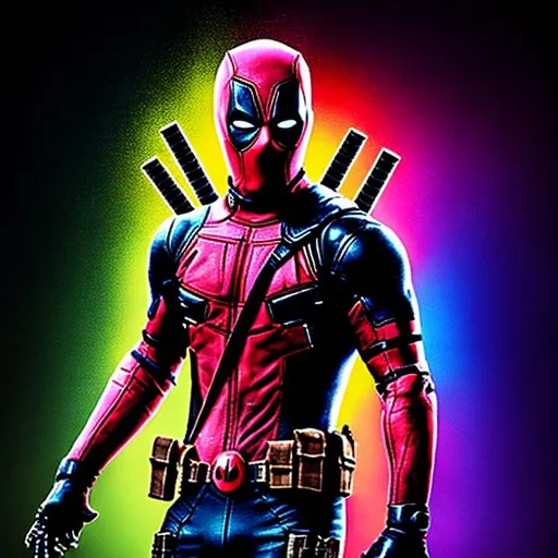 Prompt: High-resolution photo of superhero DEADPOOL, ALL black costume, uhd, hdr, 64k STANDING INFRONT OF A COLOR DISPERSION BACKGROUND