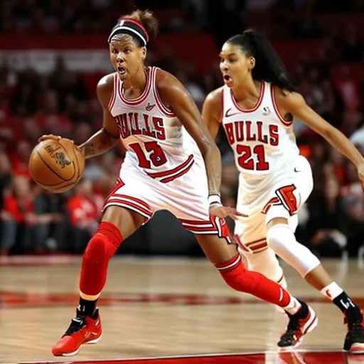 Prompt: FEMALE NBA BASKETBALL PLAYER PLAYING FOR THE CHICAGO BULLS 