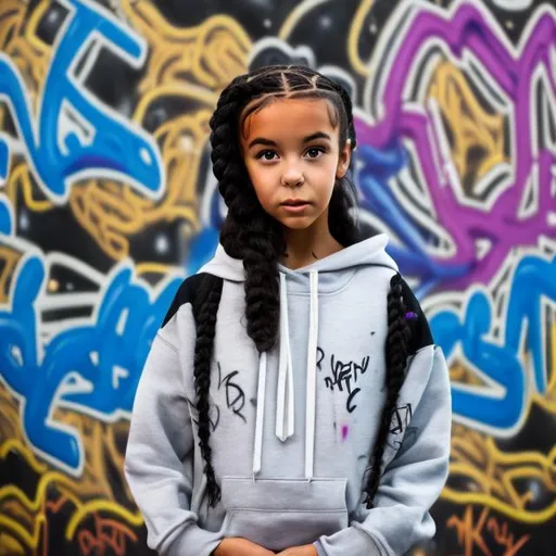 Prompt: TALL MIXED-RACE GIRL WEARING A HOODIE WITH BRAIDED HAIR STANDING INFRONT OF A VIBRANT GRAFFITI WALL MURAL

