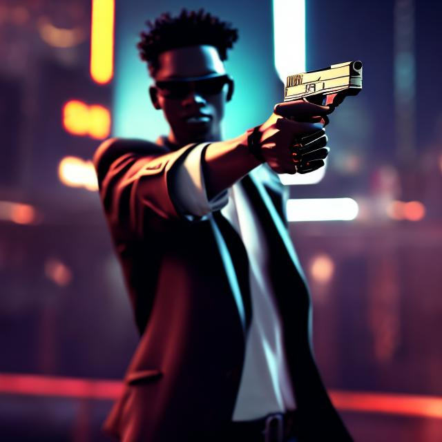 Prompt: NEO NOIR GANGASTER HOLDING A 9MM PISTOL..