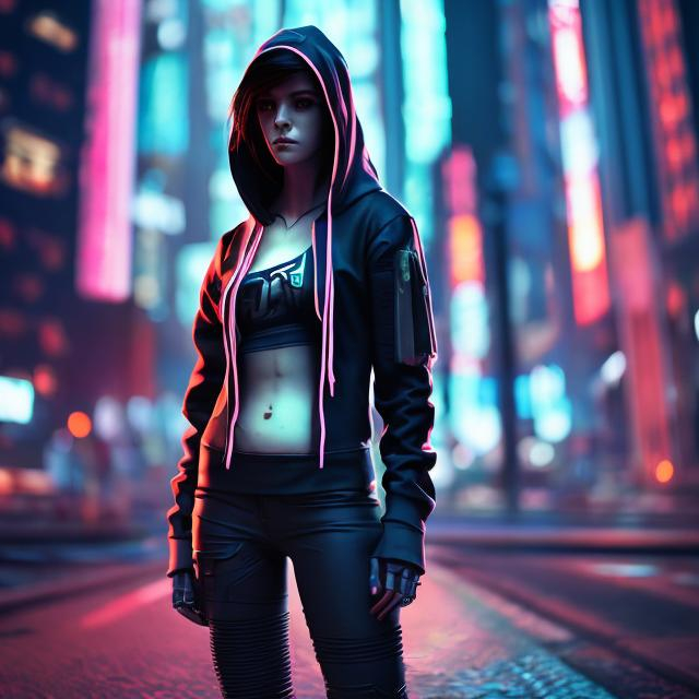 Prompt: CYBERPUNK FEMALE IN A HOODIE