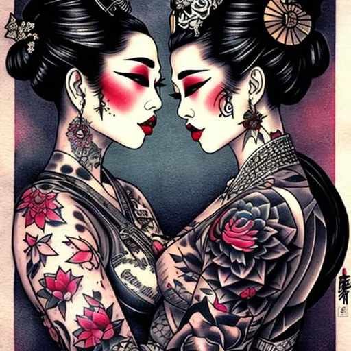 Prompt: TATTOOED FEMALE GEISHA GANGSTER KISSING HER DRAQ QUEEN WOMAN LOVER