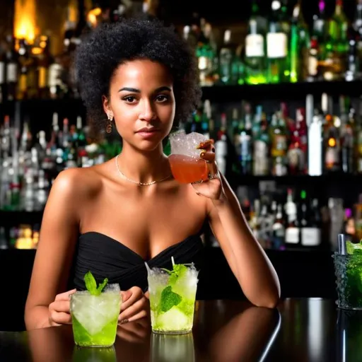 Prompt: Mixed race female wearing a black evening dress  drinking virgin mojito at a bar