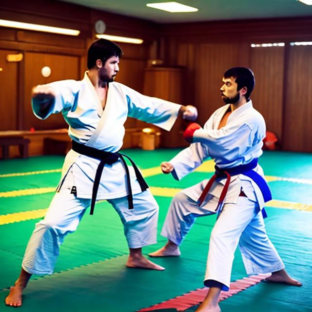 Prompt:  MALE KARATEKA TRAINING IN A DOJO