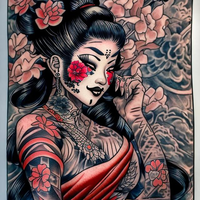Prompt: TATTOOED GEISHA IN COLOR