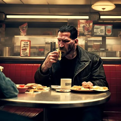 Prompt: PUNISHER EATING BREAKFAST IN A DINER