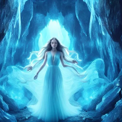 Prompt: hyper quality, hyper detail, 8k, a beautiful crystal heavenly angel with long wavy hair, wearing a bio luminescent blue dress standing in the entrance of a mystical cave, blue misty effect, dark background.