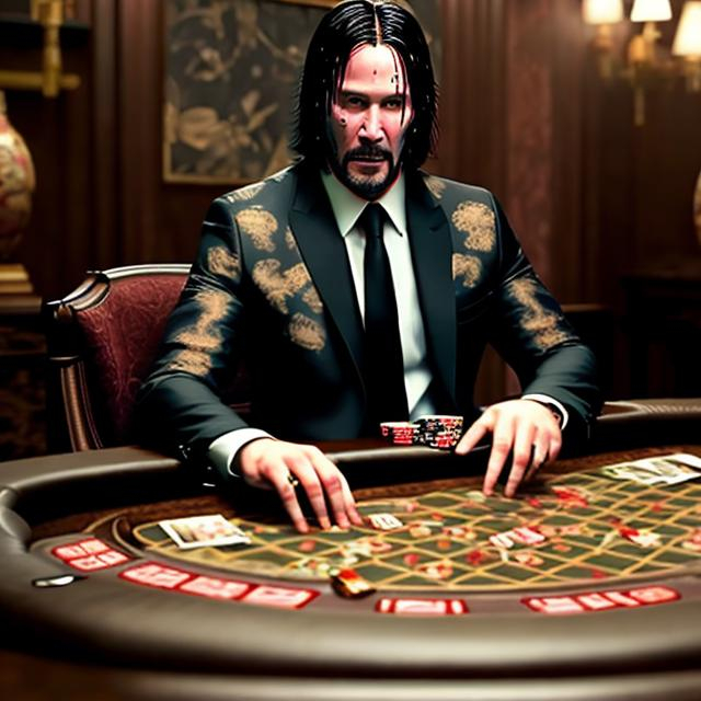 Prompt: JOHN WICK WEARING A GOLD FLORAL DESIGN KIMONO PLAYING POKER