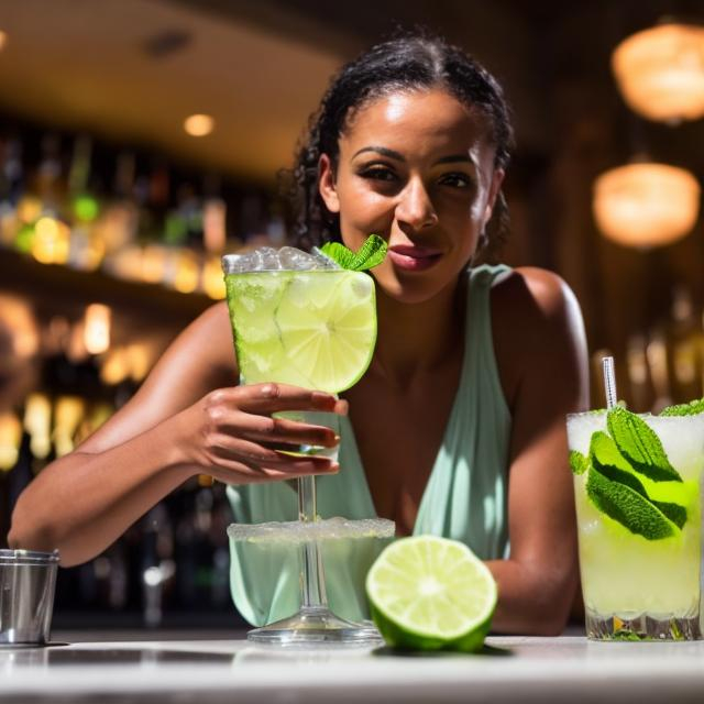 Prompt: Mixed race female  drinking virgin mojito at a bar