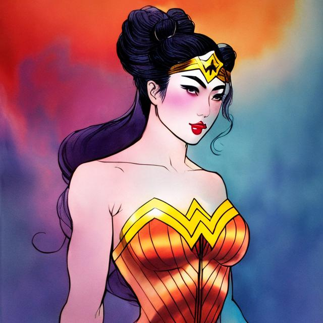 Prompt: WONDERWOMAN GEISHA IN A COLOR DIFFUSION BACKGROUND