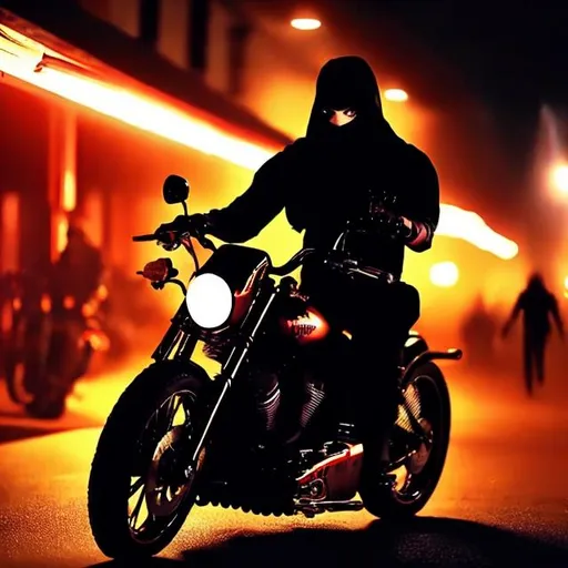 Prompt: NINJA ASSASSIN RIDING A HARLEY DAVIDSON MOTORBIKE IN THE NIGHT