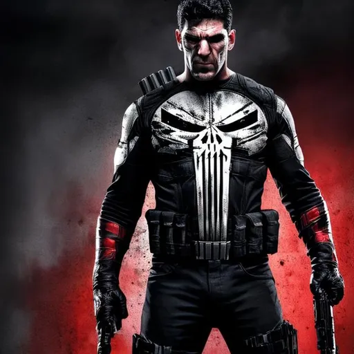 Prompt: High-resolution hyperrealistic photo of THE PUNISHER, black and red and white costume, uhd, hdr, 64k