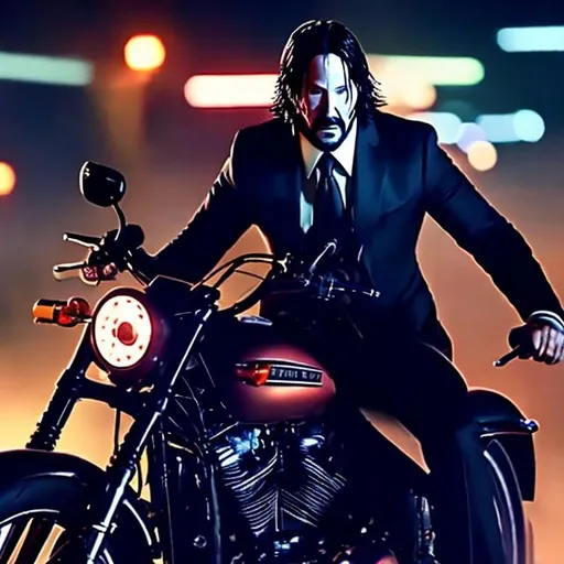 Prompt: JOHN WICK RIDING A HARLEY DAVIDSON MOTORBIKE IN THE NIGHT